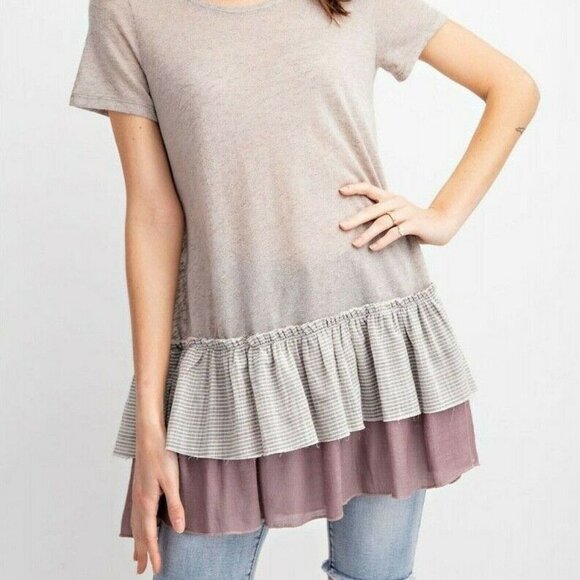 easel Tops - Easel Tunic Top Slub Tiered Ruffle Stripe T‎ Shirt